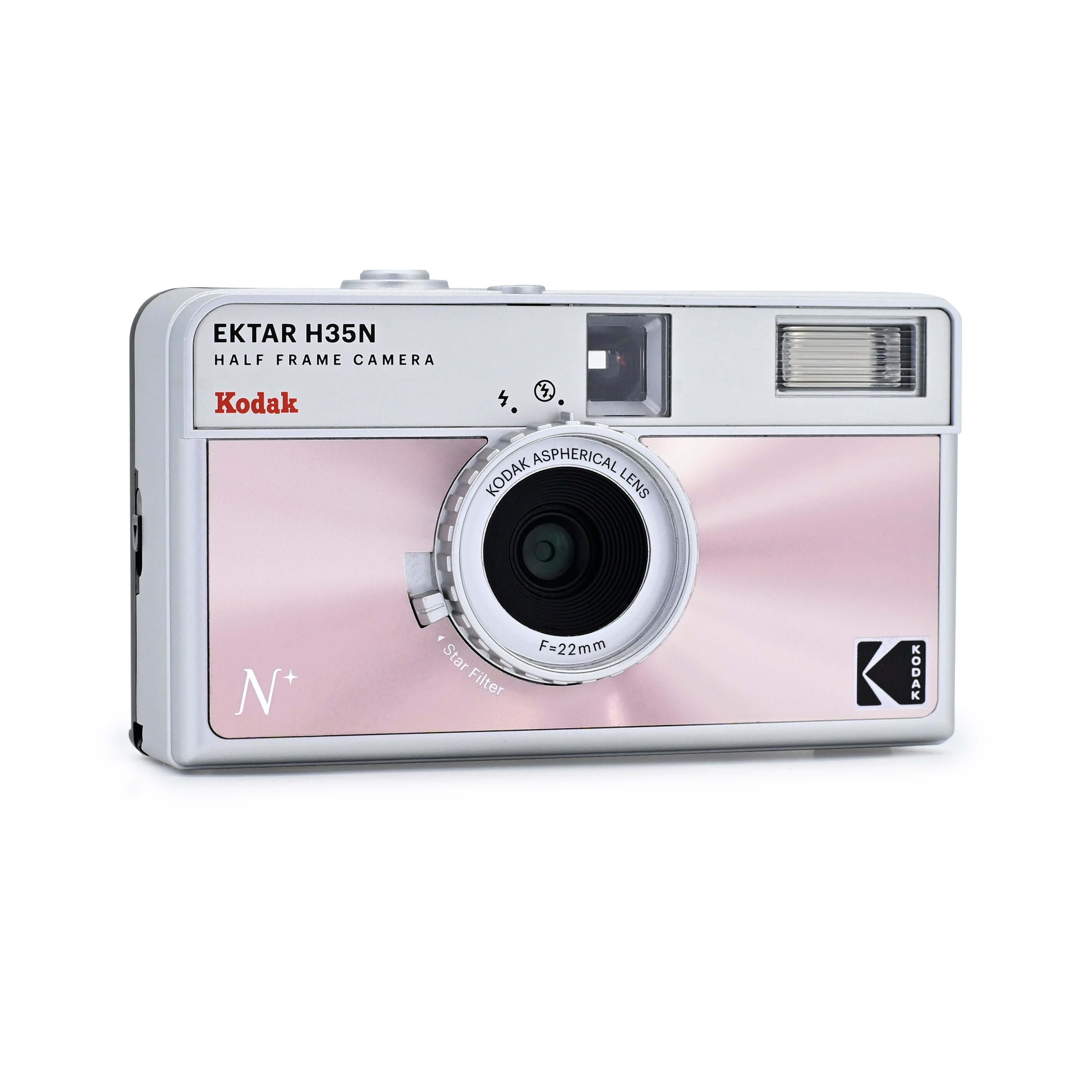 Kodak Ektar H35N half frame camera with aspherical lens and flash in silver and pink.