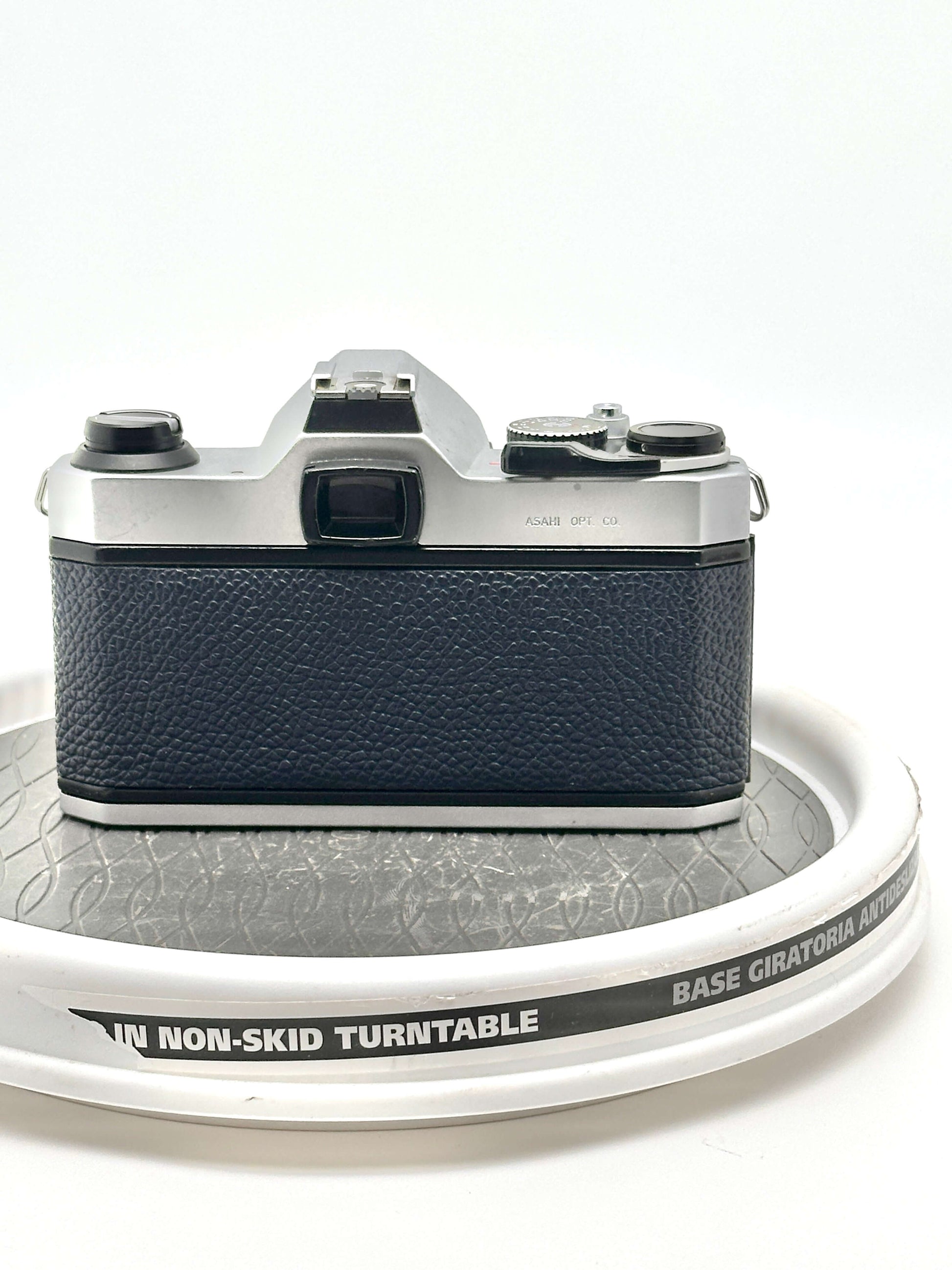 Back view of a Japanese Asahi Pentax K1000 35mm film camera showcasing its classic design and textured finish.