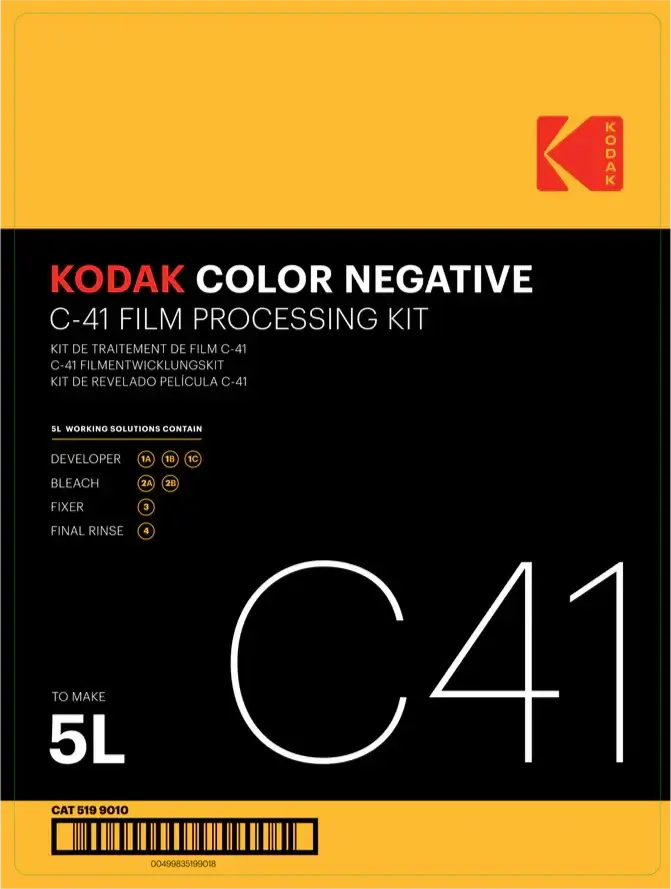 Kodak C-41 film processing kit for color negatives, 5-liter capacity.