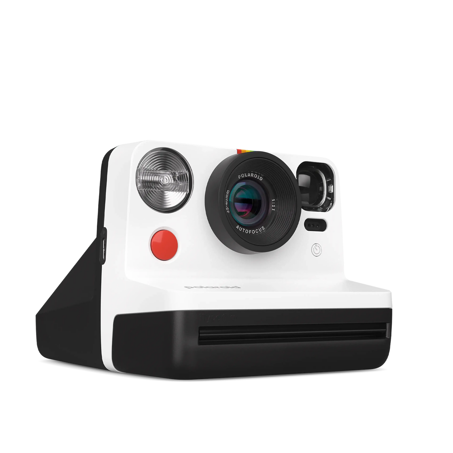 White and black Polaroid instant camera with retro design and large lens.