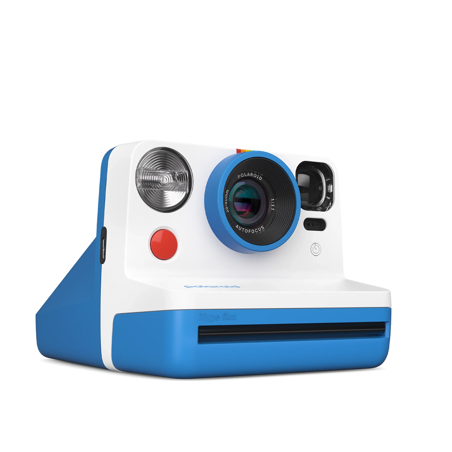 Blue and white instant camera with lens and flash unit, featuring modern design and Polaroid branding.