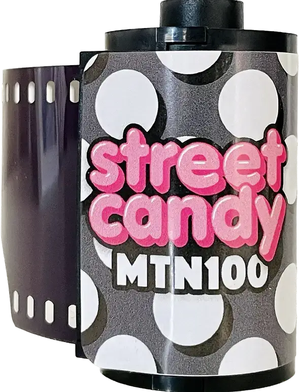 Street Candy MTN100 film roll with black and white polka dot design.