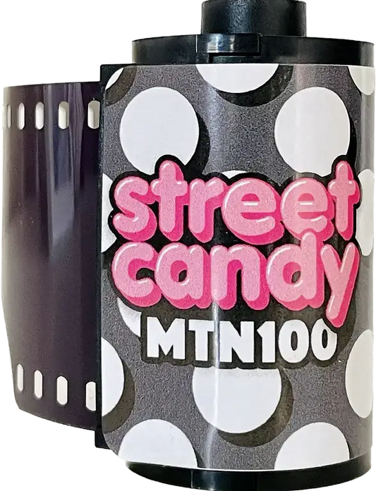 Street Candy MTN100 film roll with black and white polka dot design.