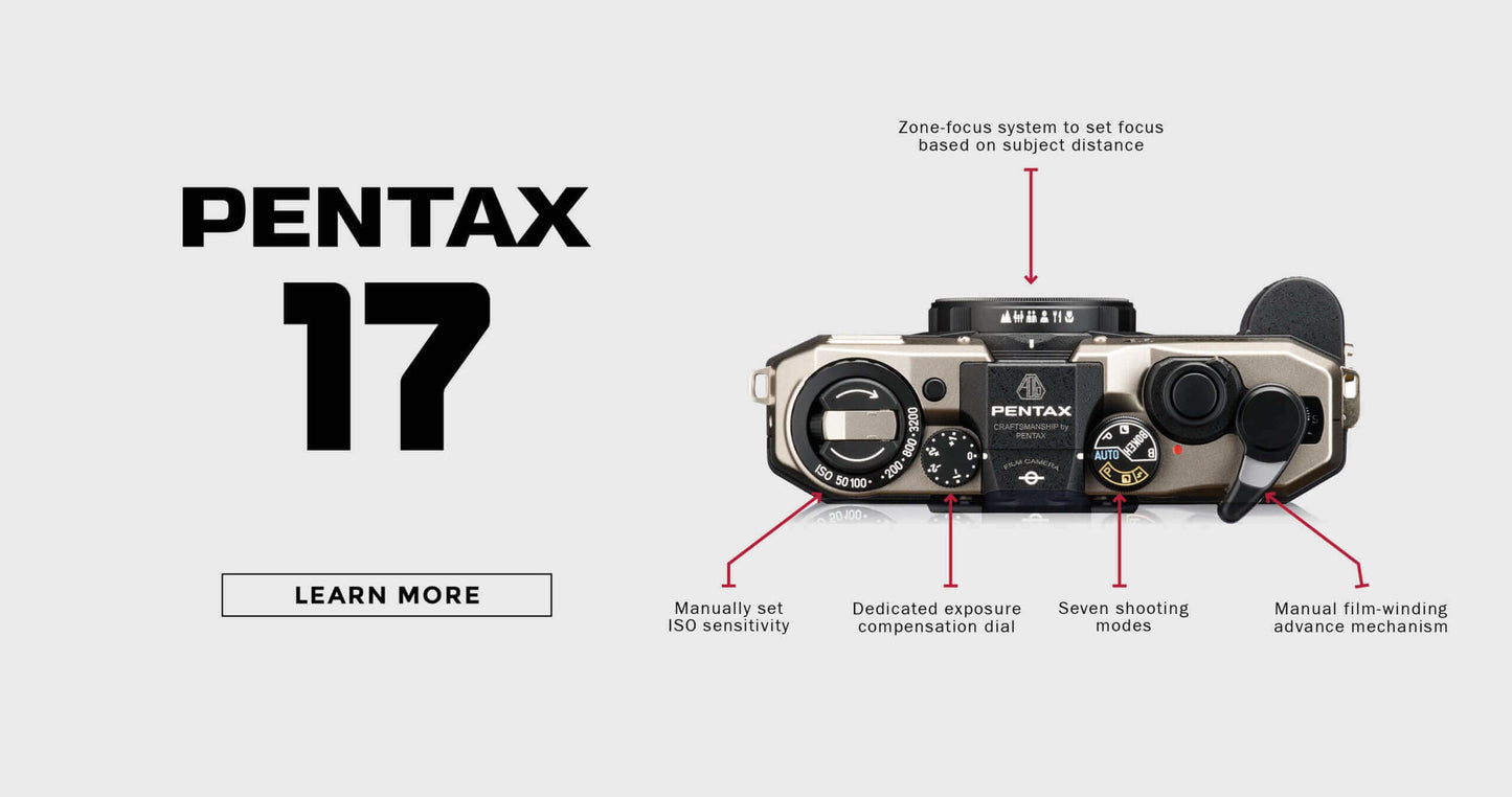 Top view of Pentax 17 camera highlighting zone-focus system, ISO sensitivity, exposure compensation dial, seven shooting modes, and manual film-winding mechanism.