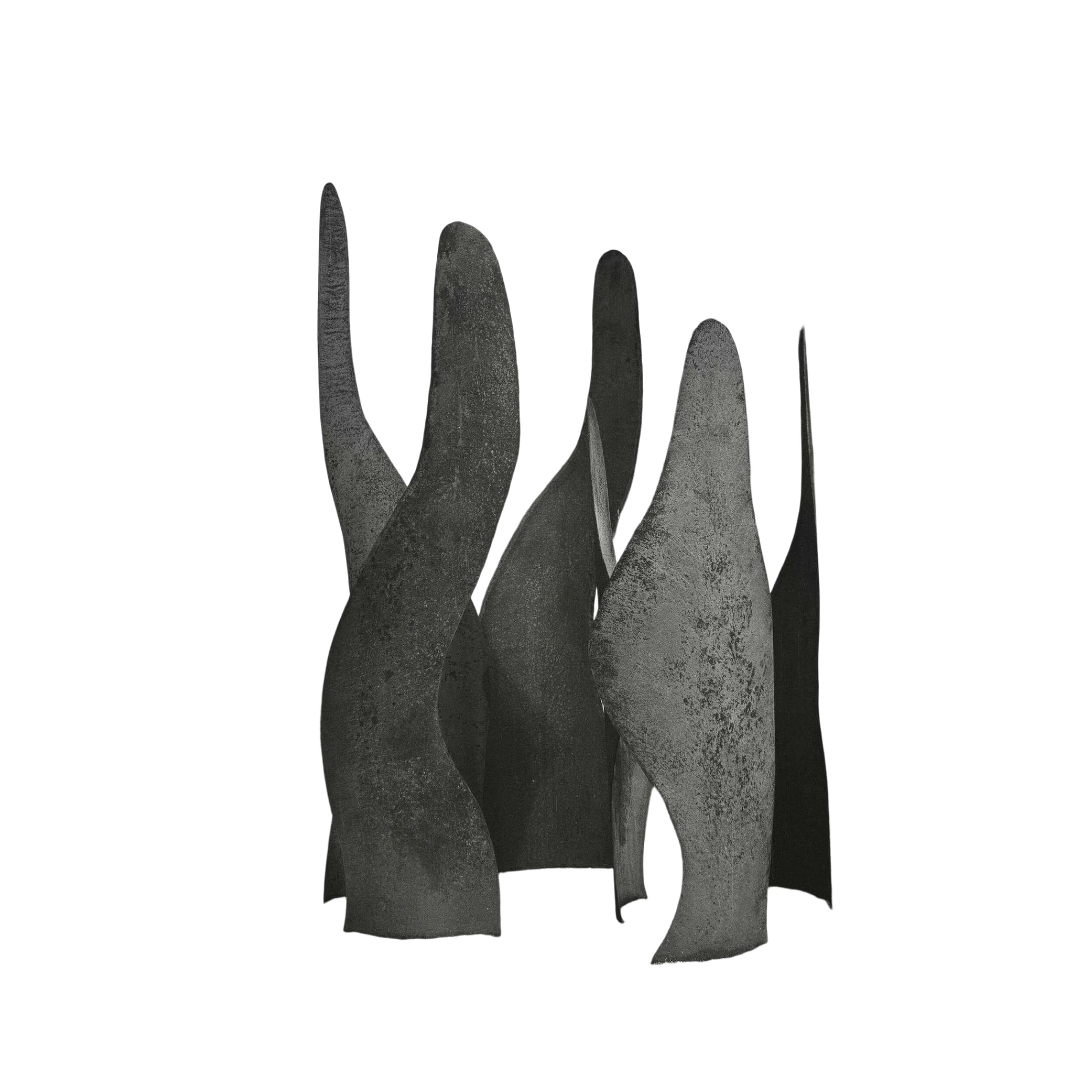 Abstract steel sculpture with flowing, organic forms and a weathered texture.