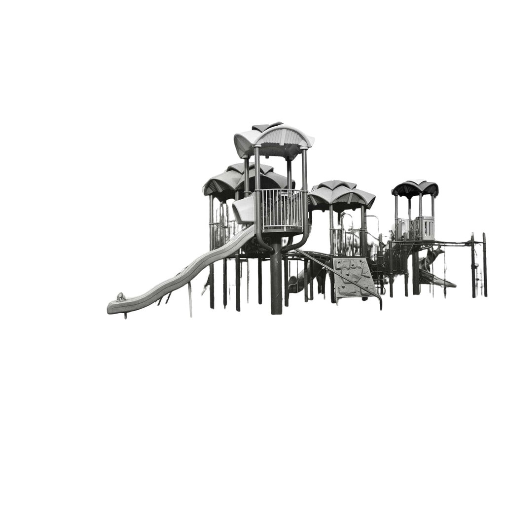 Black-and-white playground structure with slides, climbing walls, and canopy roofs