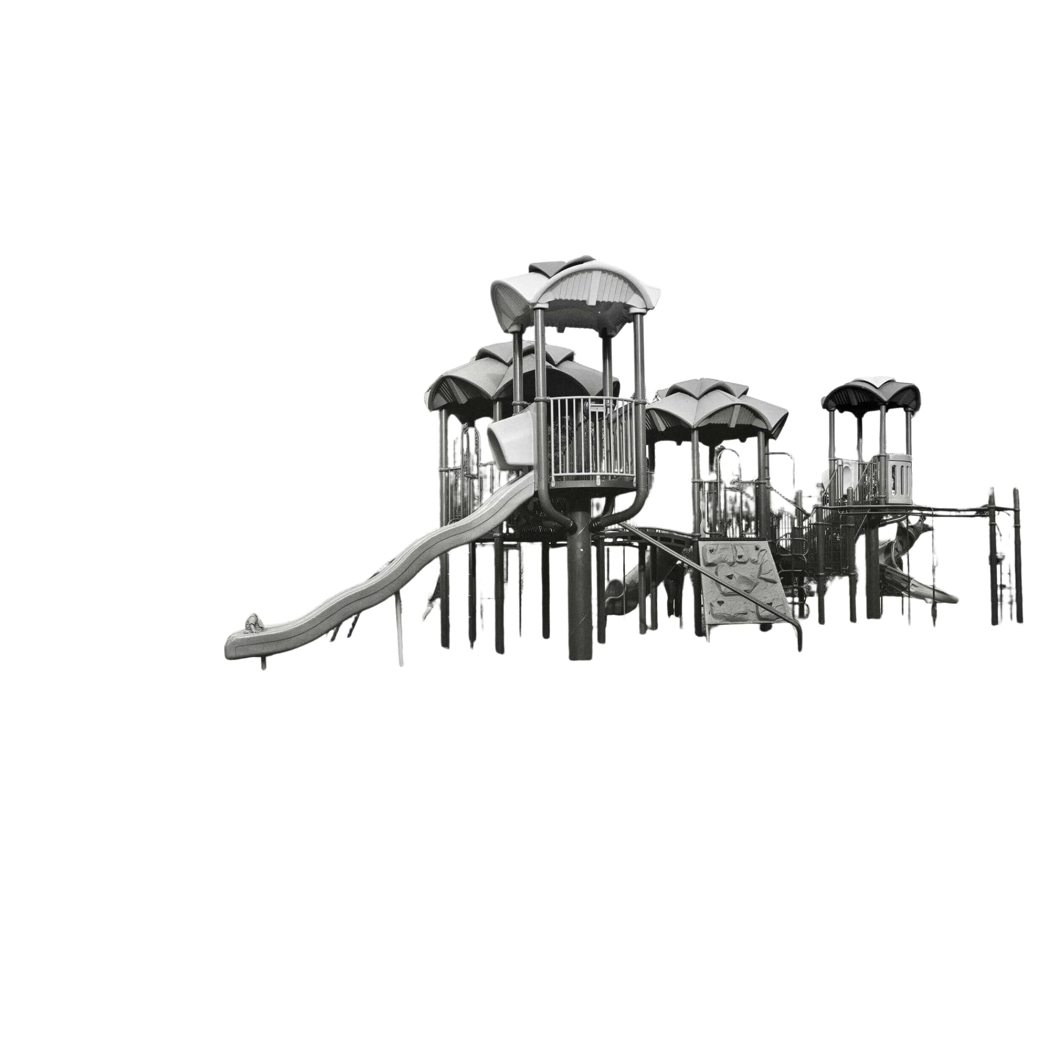 Black-and-white playground structure with slides, climbing walls, and canopy roofs