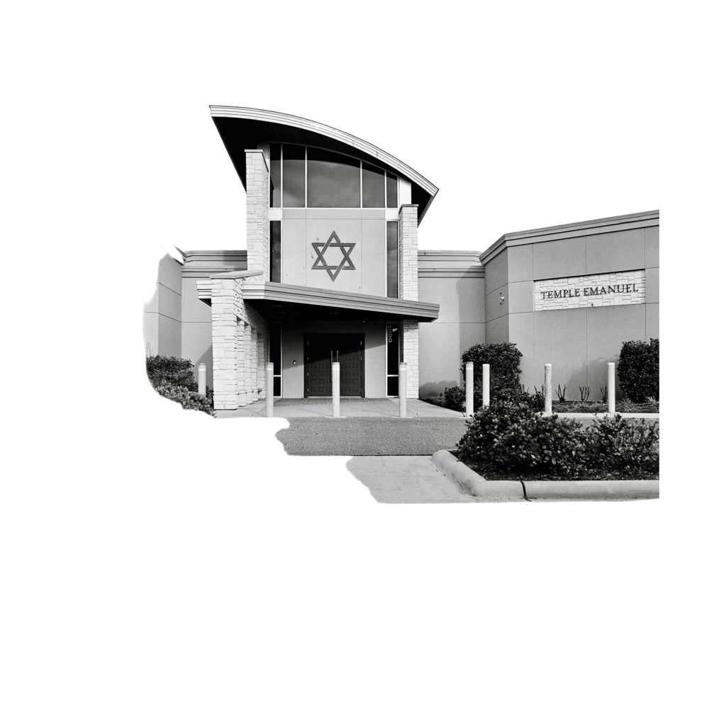 The main object is a modern synagogue building with a prominent star of david emblem on its facade, constructed from light-colored stone and featuring large arched windows.