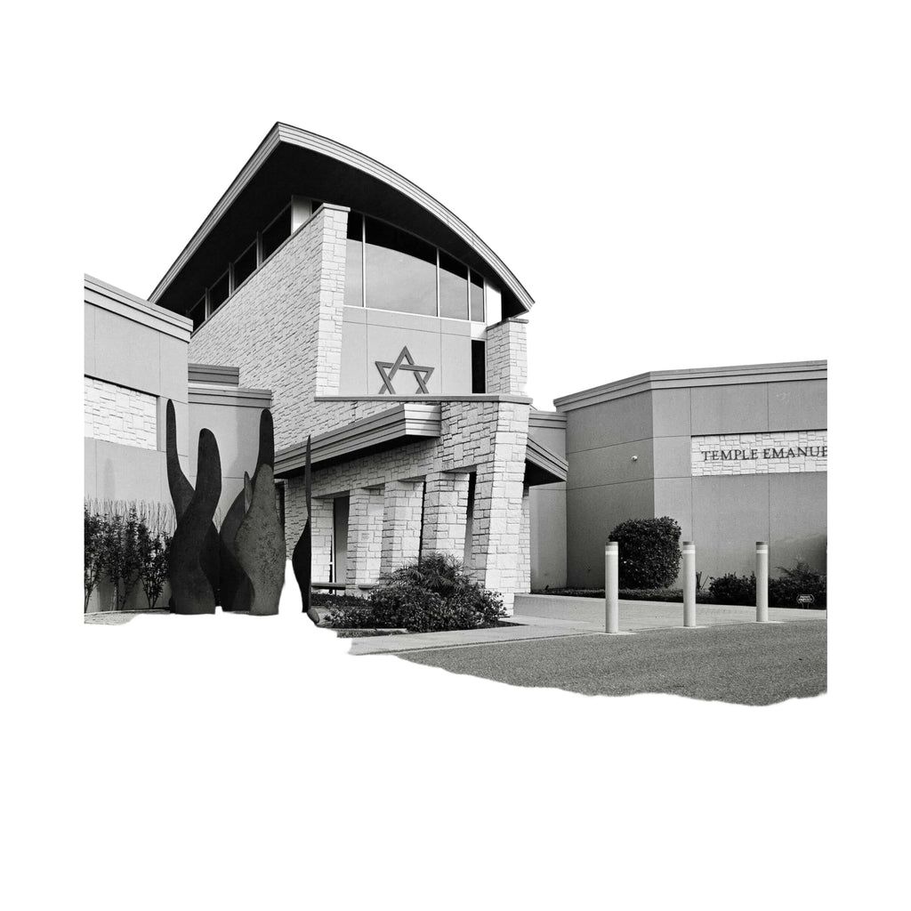 Stone-faced synagogue with a prominent star of david emblem above its entrance.