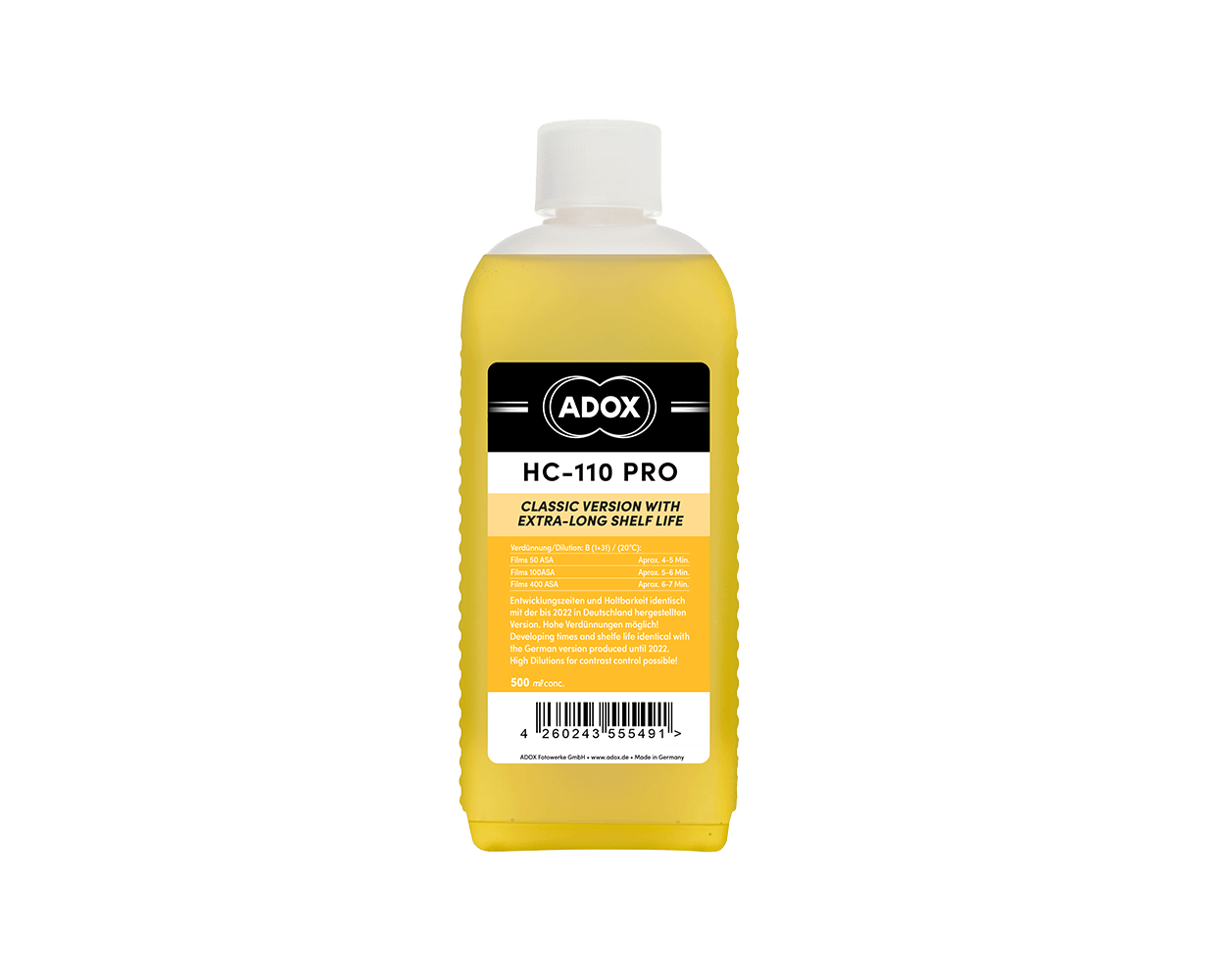 ADOX HC-110 Pro black and white film developer 500ml bottle with classic label design.