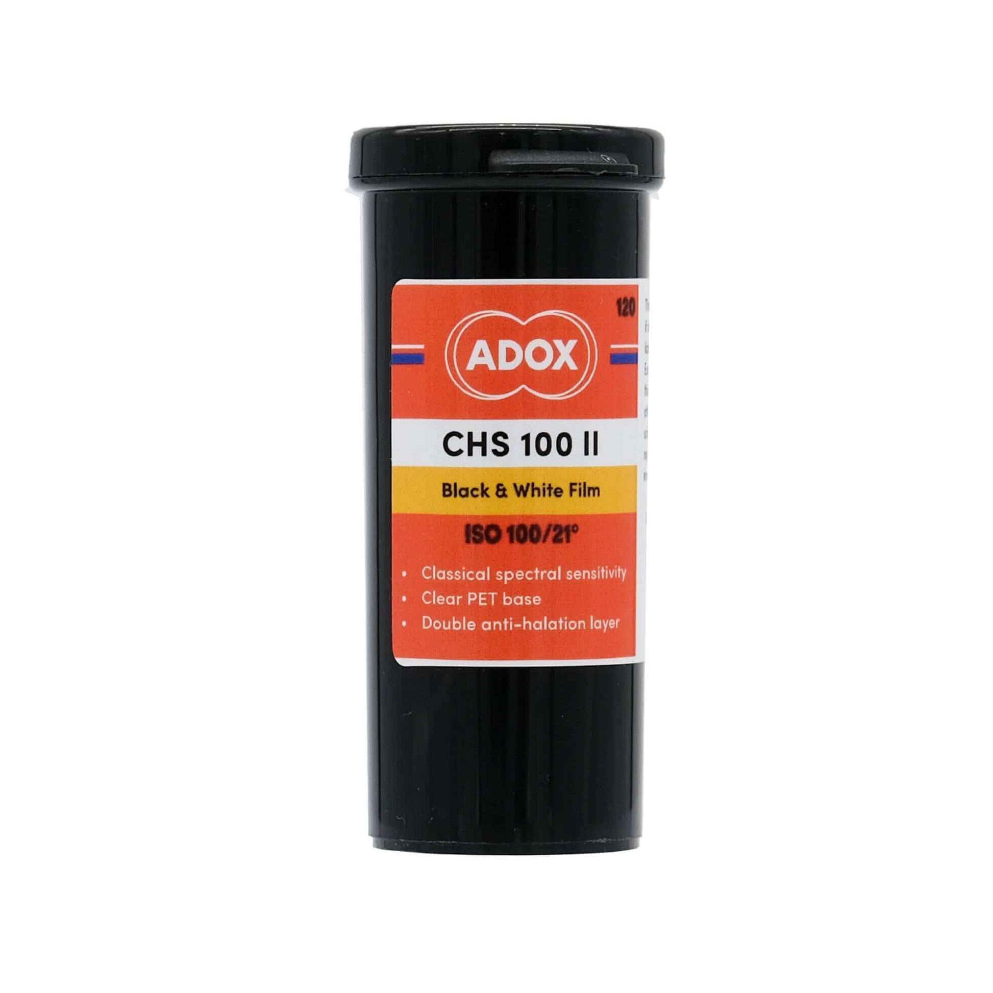 Adox CHS 100 II black and white ISO 100/21° film canister with clear PET base and double anti-halation layer.