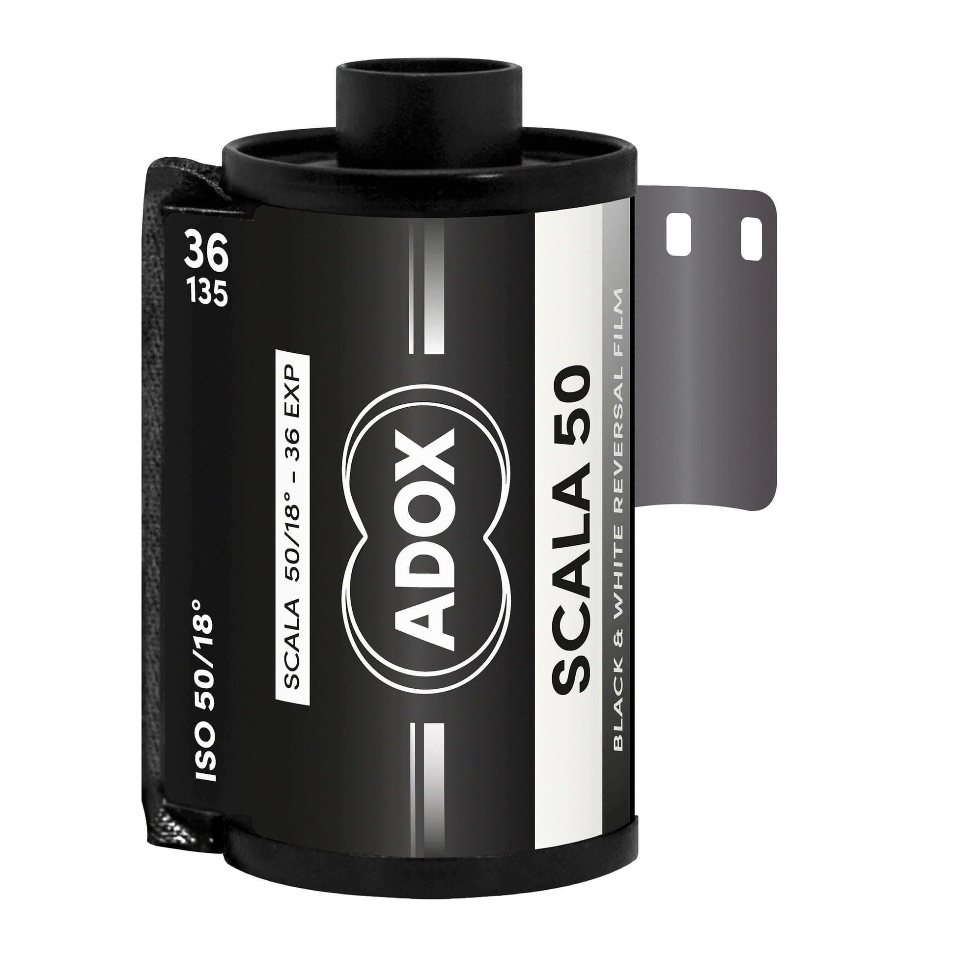 ADOX SCALA 50 black and white reversal film canister for 36 exposures with ISO 50/18 rating.