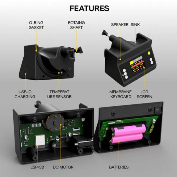 Features of AGO Film Processor showing USB-C charging, LCD screen, and internal components like the DC motor.