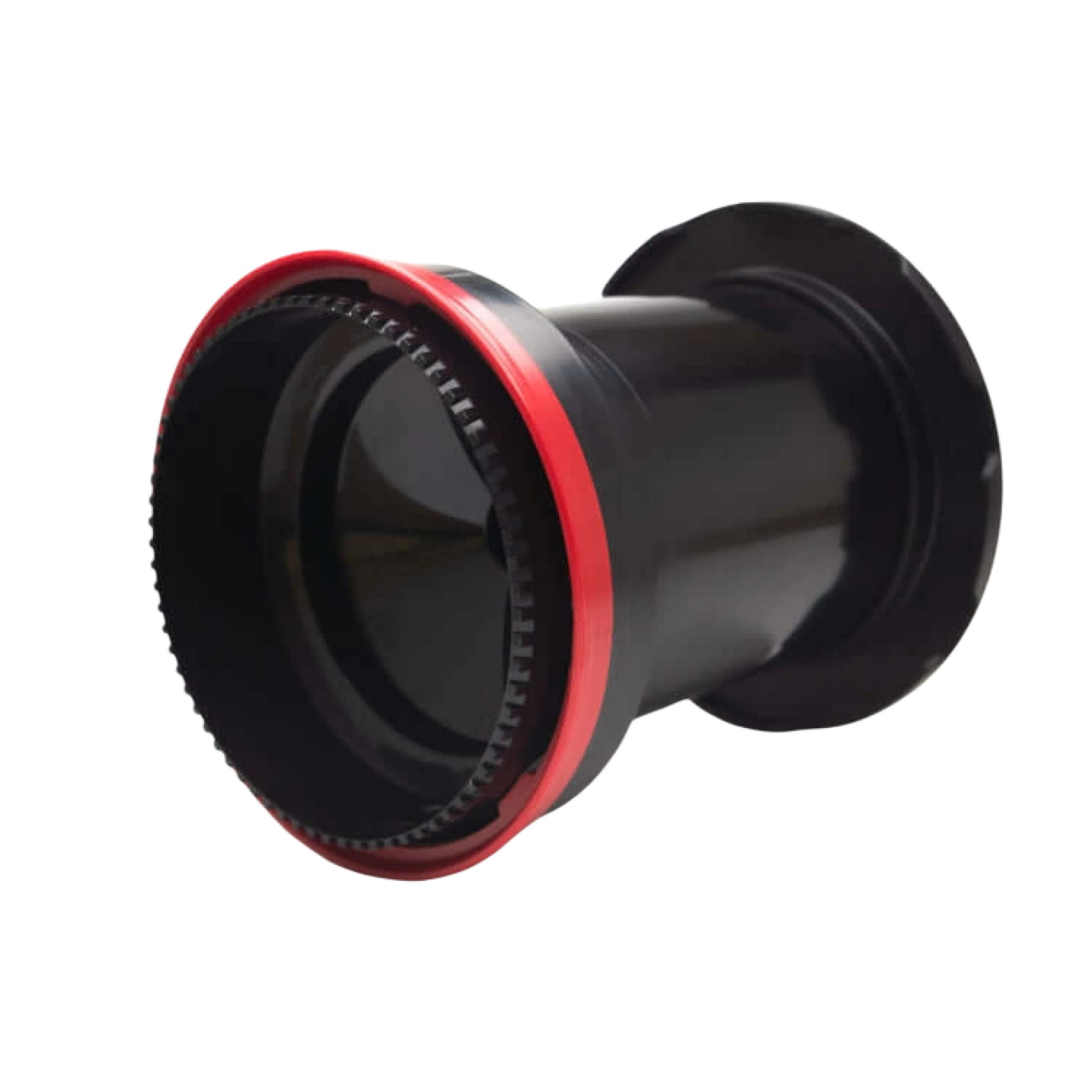 Black and red bicycle bottom bracket with a textured outer ring.