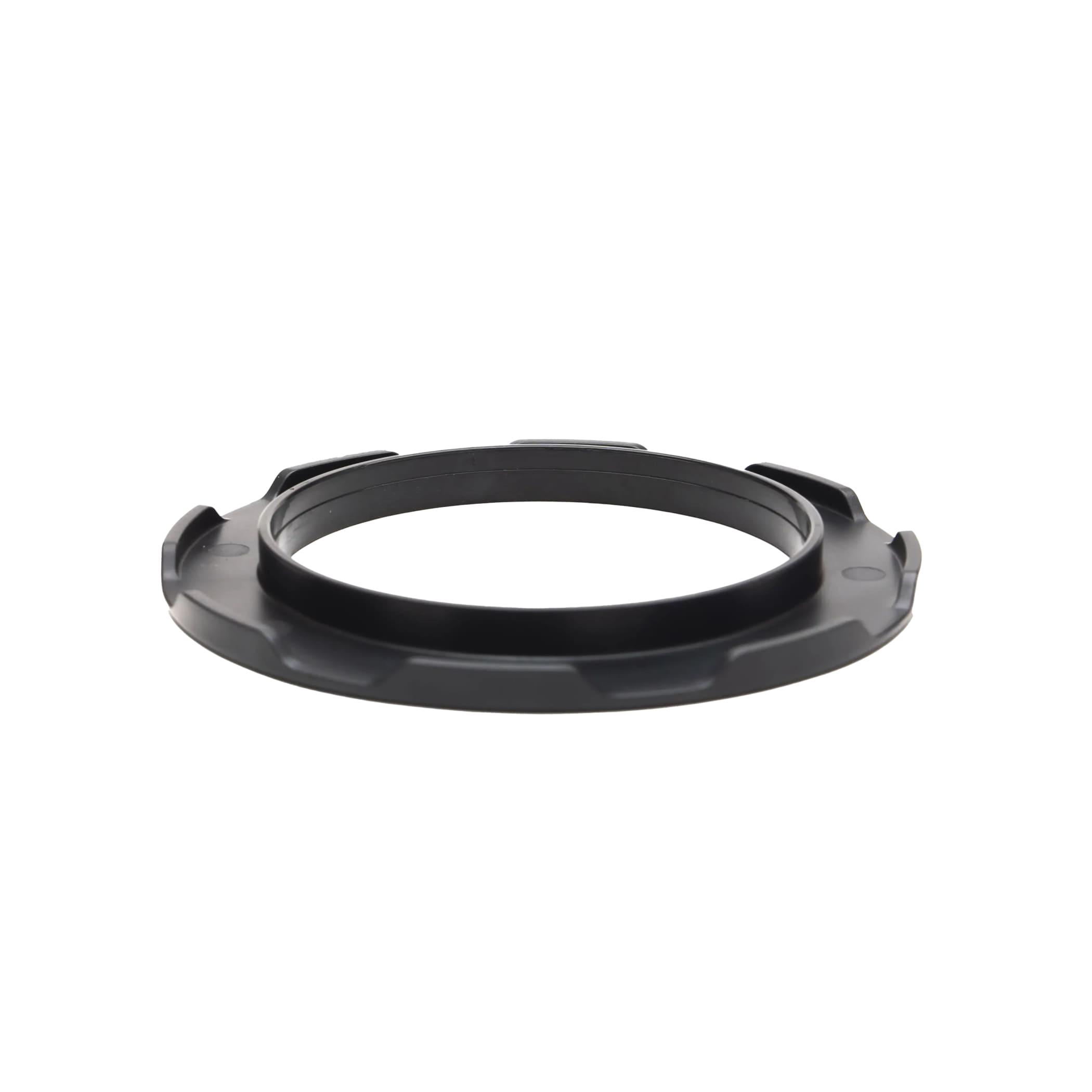 Black plastic ring adapter with textured ridges and a central groove