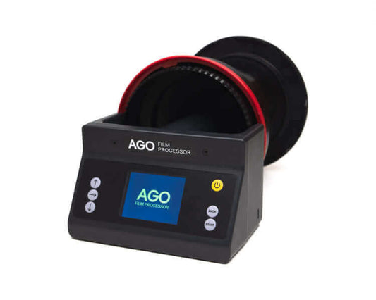 AGO Film Processor with display screen and control buttons for film processing.