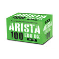 Bright green box of arista edu dx 100 black and white photographic film.
