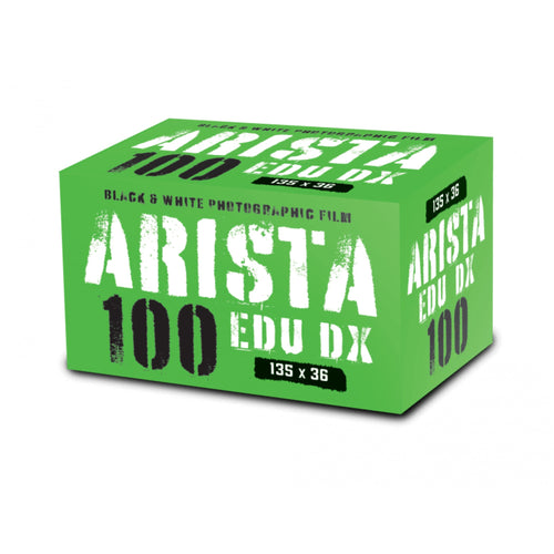 Bright green box of arista edu dx 100 black and white photographic film.