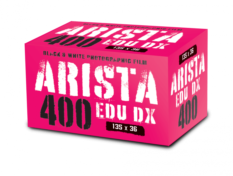 ARISTA.EDU DX 400 ISO black and white film box for 35mm cameras, 36 exposure, durable metal cartridge.