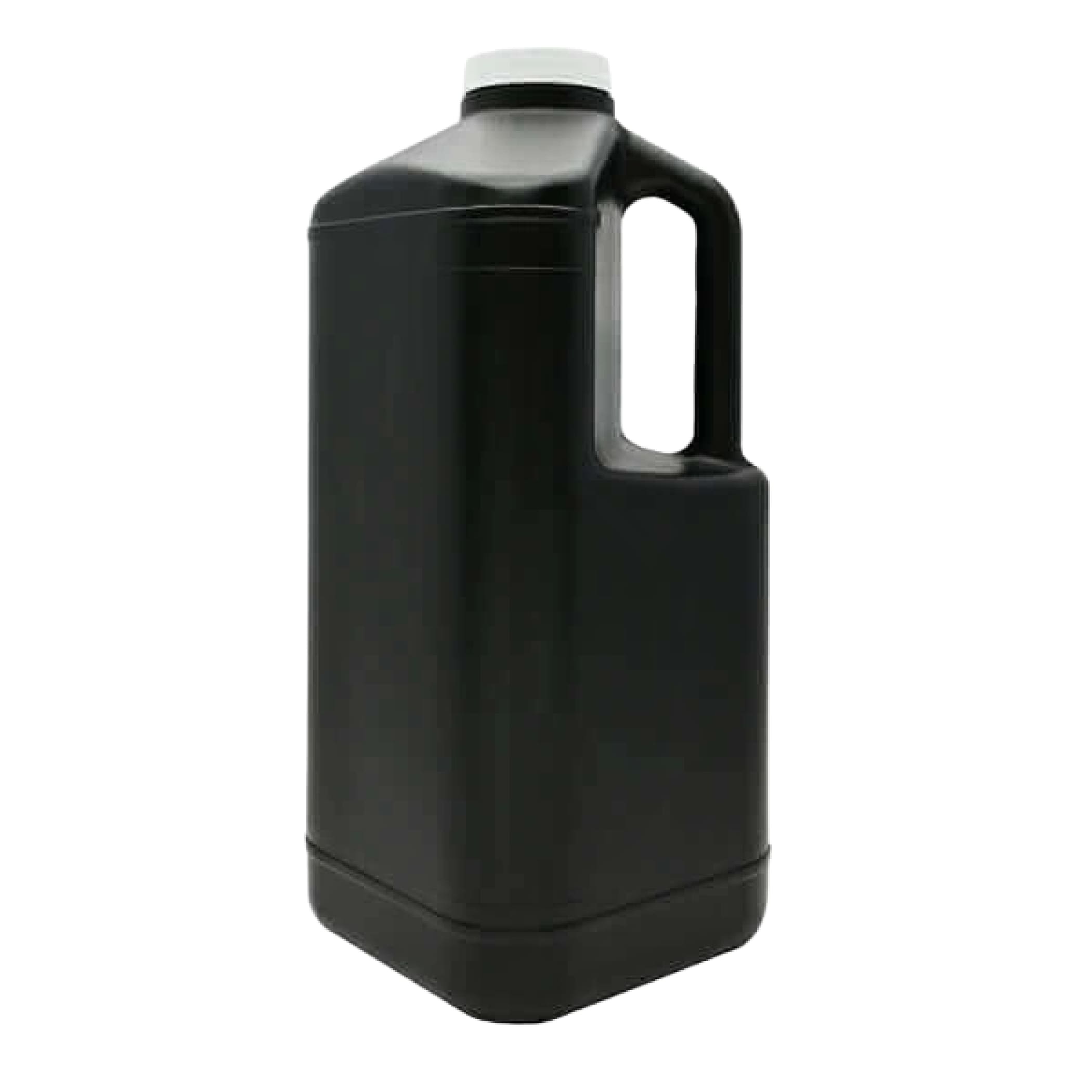 Black plastic jug with a white cap and integrated handle.