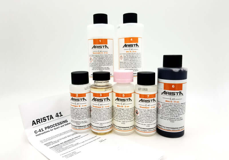 Arista C-41 Liquid Color Negative Film Developing Kit with bottles and instruction sheet for home film processing.