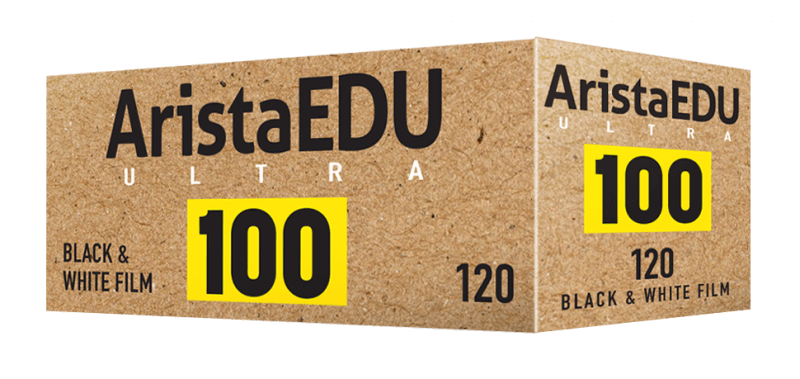 Arista 100 ISO Black & White 120 Medium Format Film packaging featuring fine-grain and excellent resolution.
