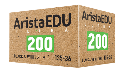 Arista EDU Ultra 200 Black & White 35mm film box packaging, ideal for classic photography.