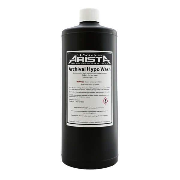 Arista Premium Hypo Wash 32oz bottle designed for efficient film and paper washing, reducing fixer residue.