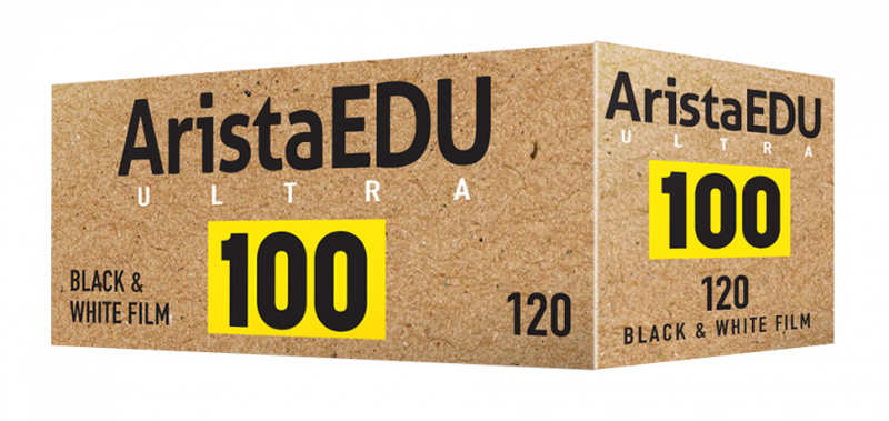 Arista EDU Ultra 120 black and white photographic film box, 100 ISO rating, side and front view.