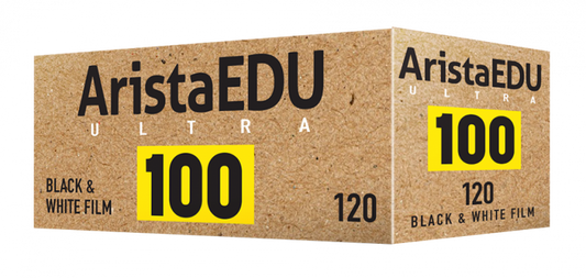 Arista EDU Ultra 120 black and white photographic film box, 100 ISO rating, side and front view.