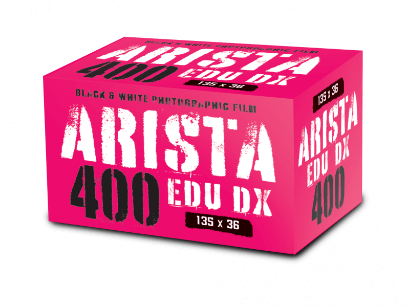 Arista EDU 400 DX 35mm black and white 36-exposure film in bold pink and black packaging