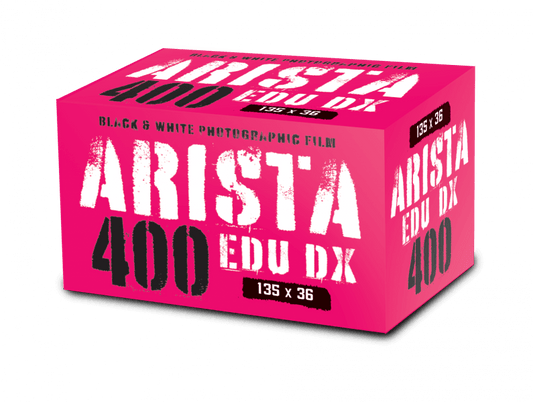 Arista EDU 400 DX 35mm black and white 36-exposure film in bold pink and black packaging