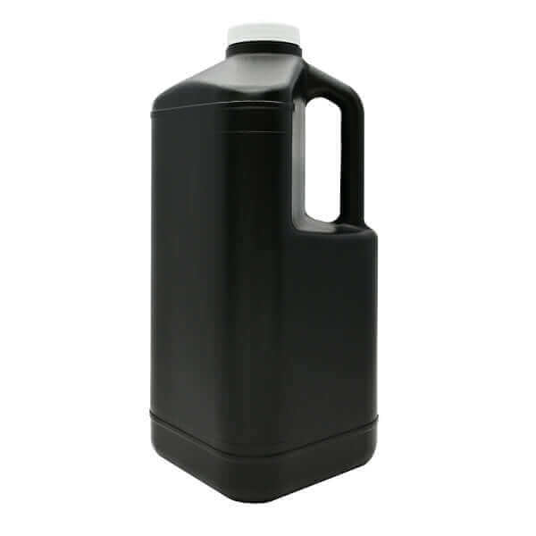 Large black plastic jug with a handle and white cap.