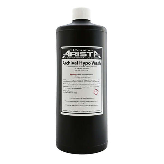 Arista Premium Hypo Wash 32oz bottle for efficient film and paper washing, reduces fixer residue, and conserves water.