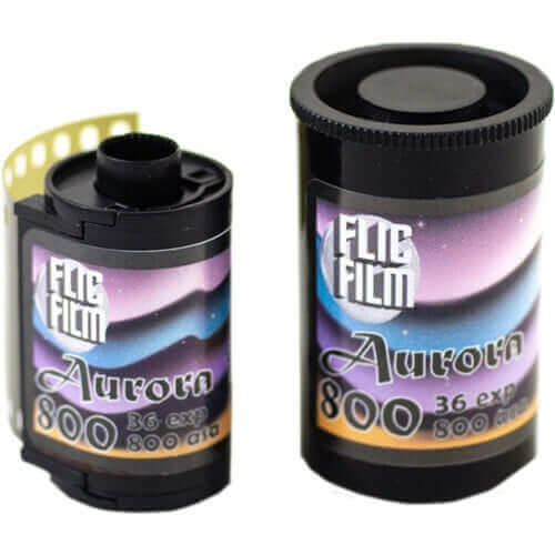 Two rolls of Aurora 800 35mm film for photography with 36 exposures and 800 ASA speed, featuring vibrant packaging design.