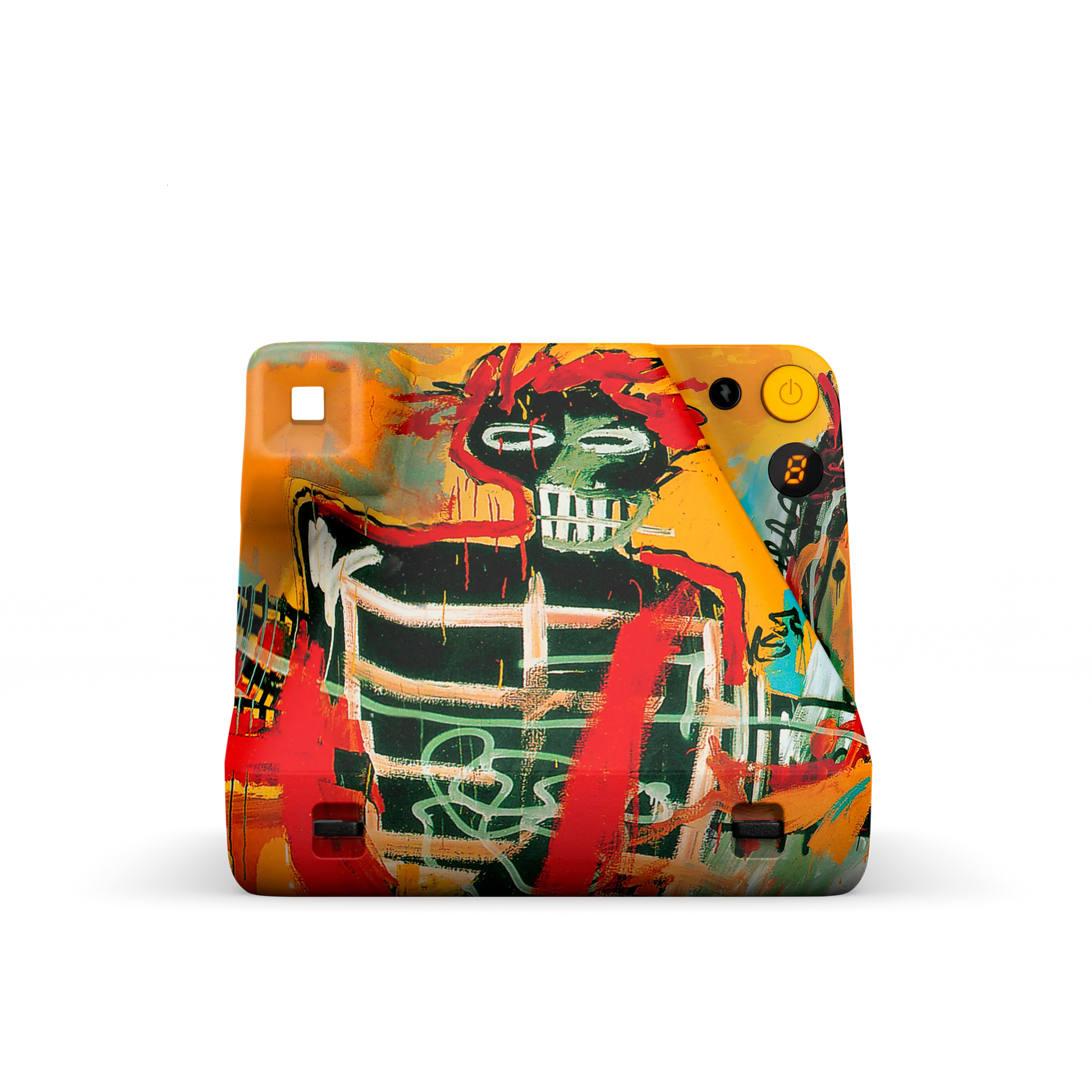 Vibrant abstract painting on a device cover featuring bold colors and a skeletal figure.