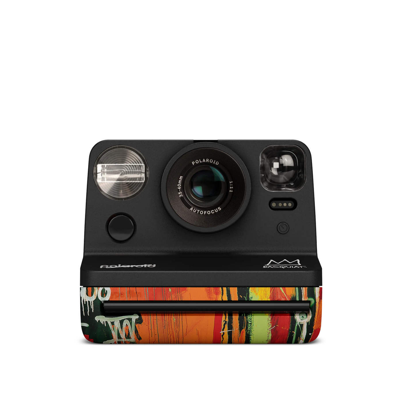 Polaroid instant camera with colorful abstract design on the bottom front panel, featuring a flash and lens for capturing photos