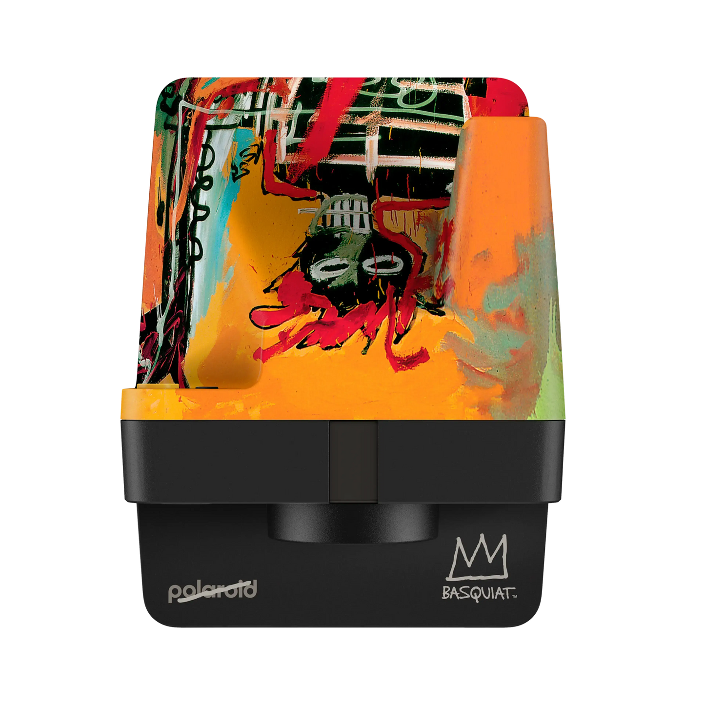 Basquiat-inspired Polaroid camera with vibrant, abstract artwork featuring bold colors and expressive imagery.