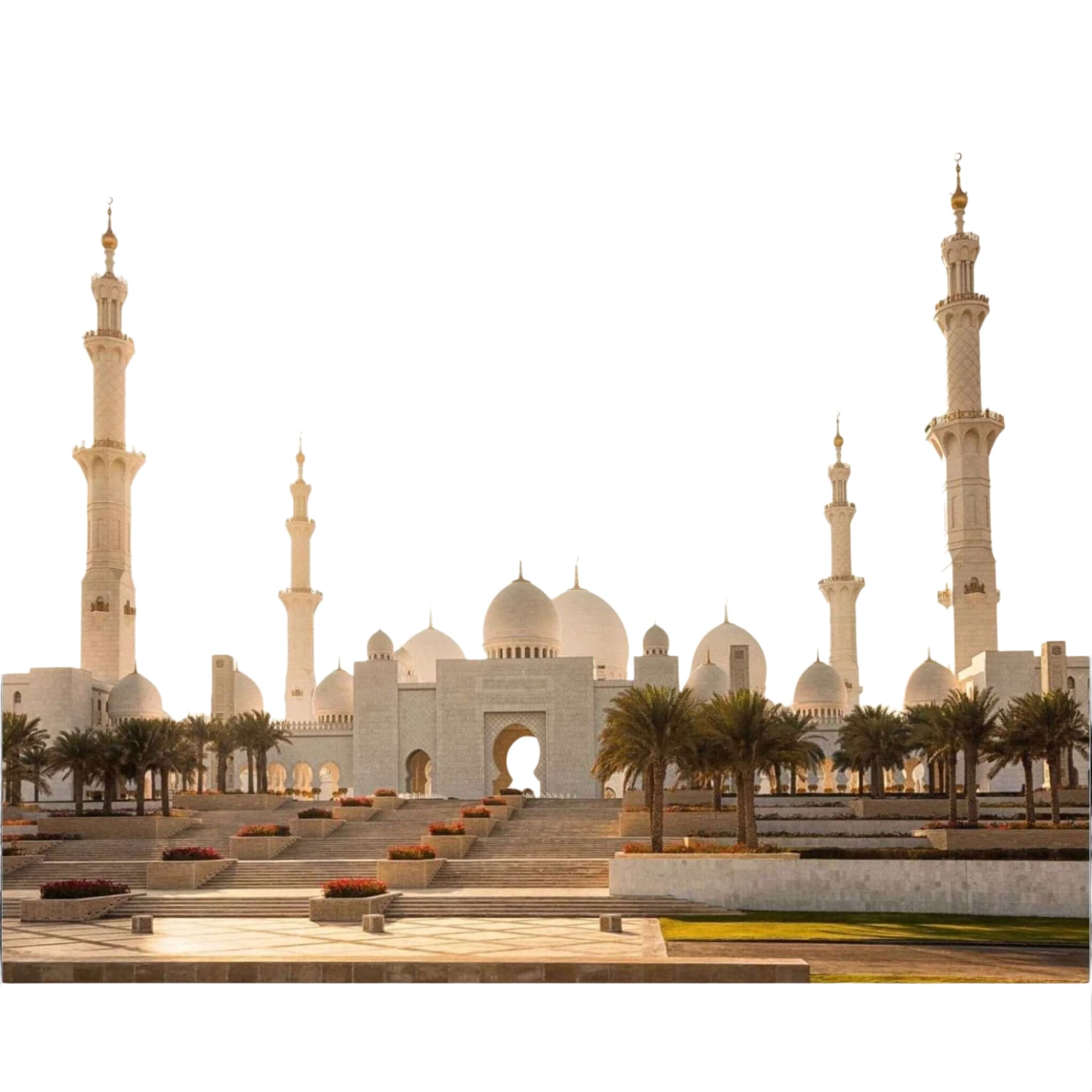The sheikh zayed grand mosque, a majestic white marble structure with multiple domes and towering minarets.
