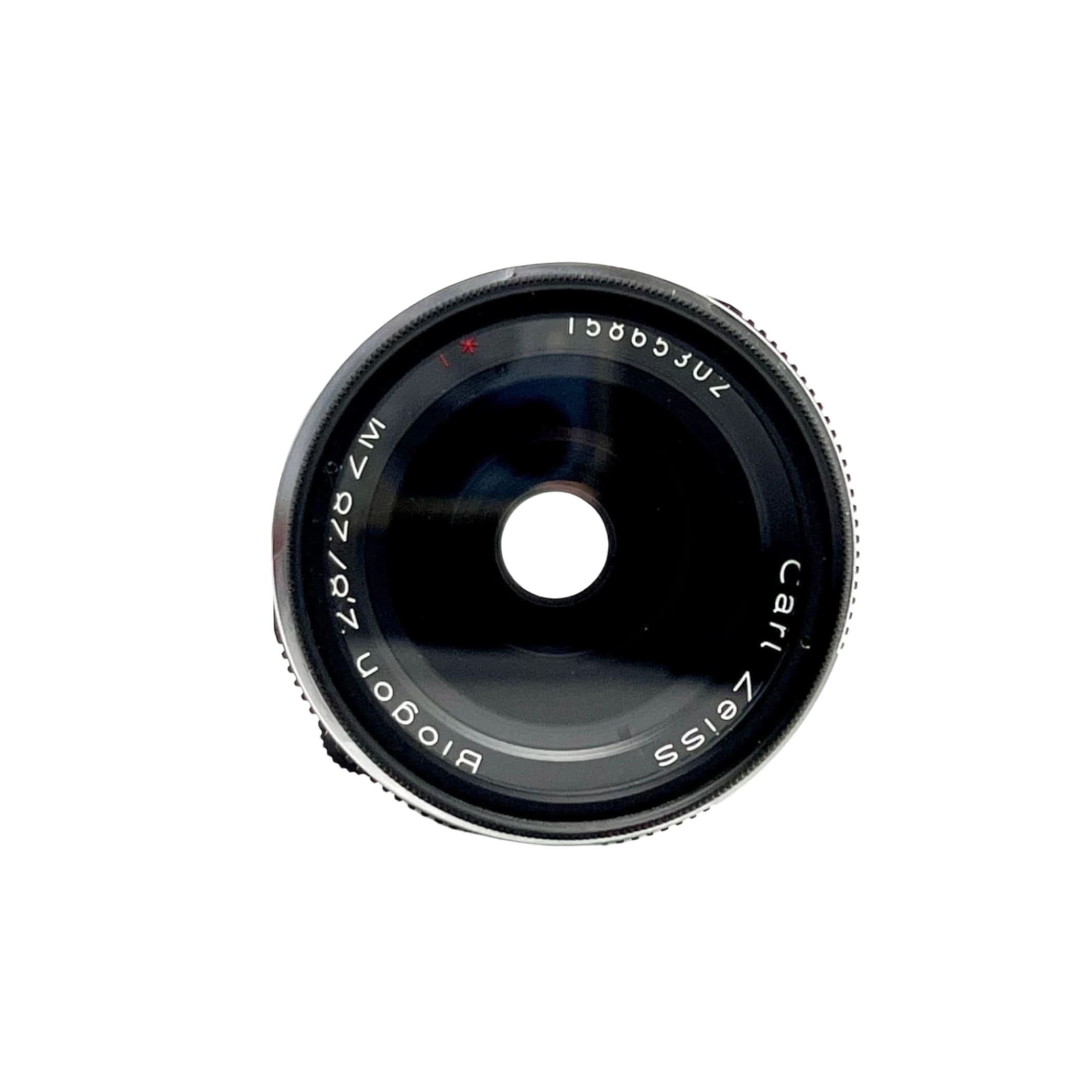 Black carl zeiss biogon 87mm f/2.0 lens with a sleek, metallic finish and engraved markings on the barrel.