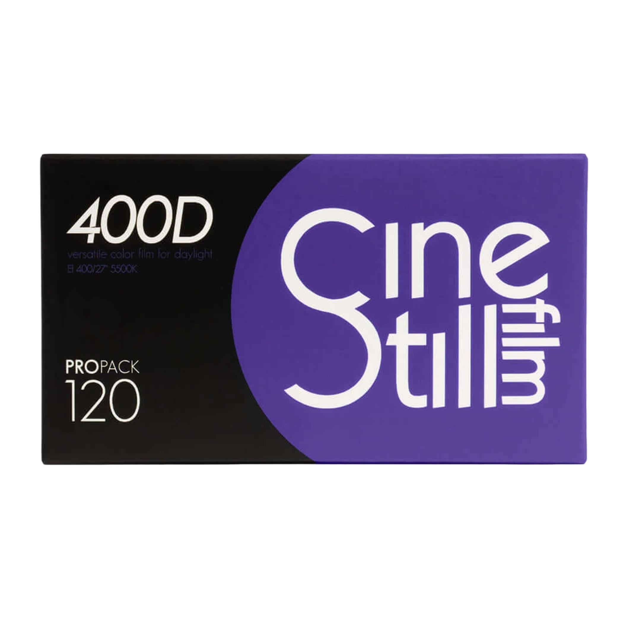 Purple and black cinestill 400d film pack box with white lettering.