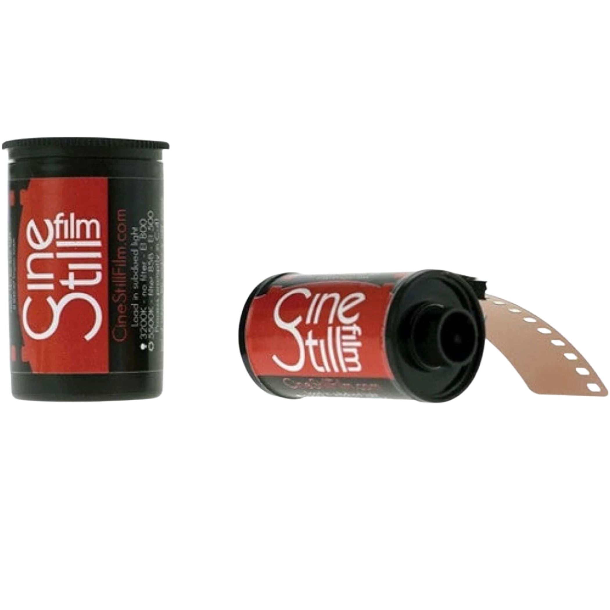 Red and black cinestill 35mm film canister with a partially unspooled strip of brown photographic film.