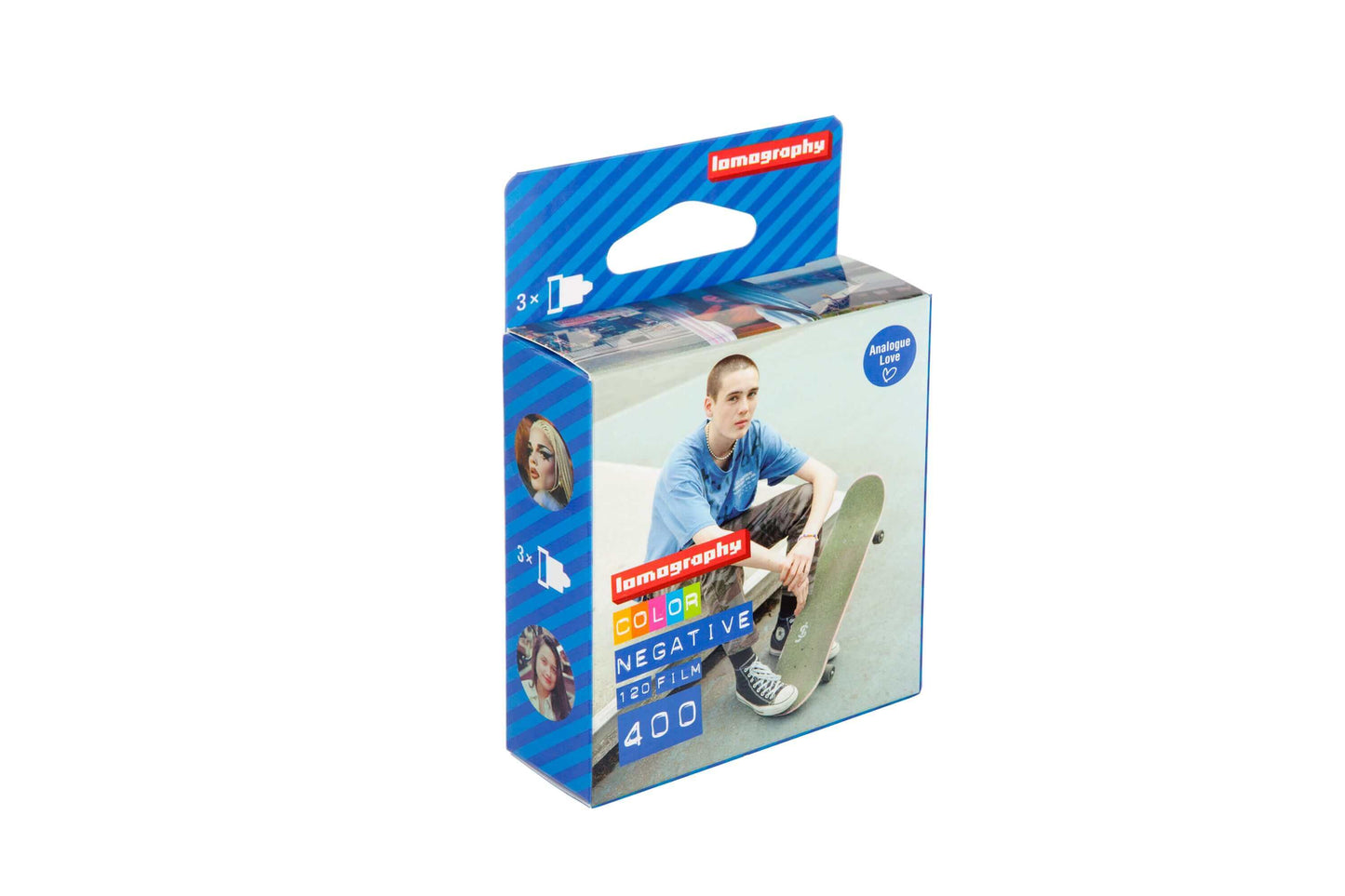 Lomography Color Negative 400 film packaging with a skateboarder on the box design.