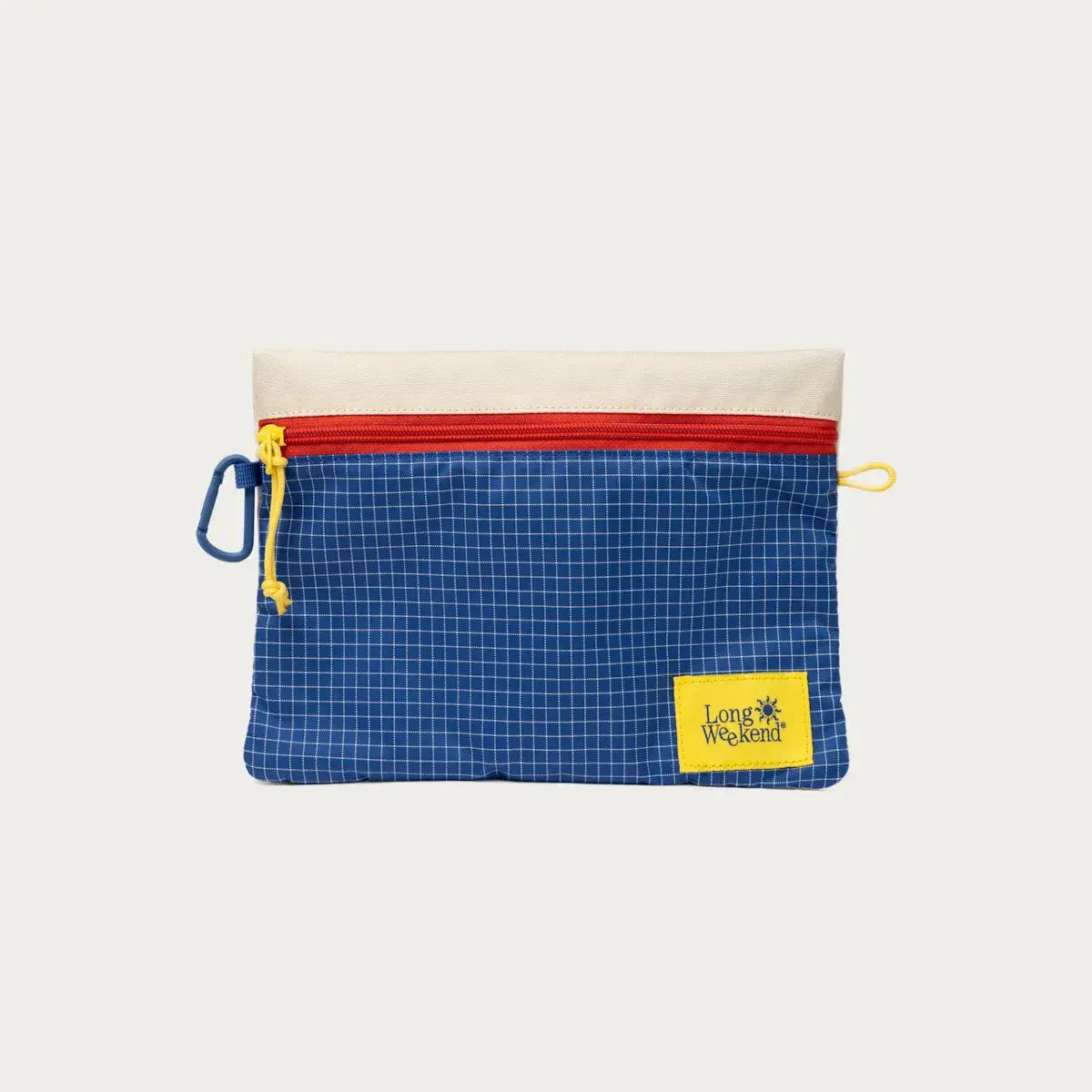 Blue grid-pattern pouch with red zipper and "Long Weekend" yellow label, perfect for organizing small items.