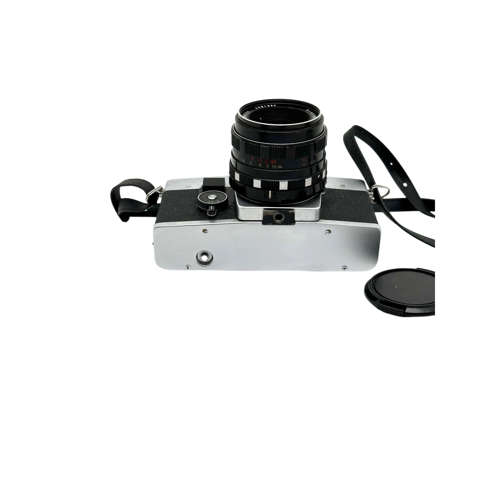 Silver and black vintage film camera with a classic rangefinder design, featuring a textured lens barrel and leather strap.