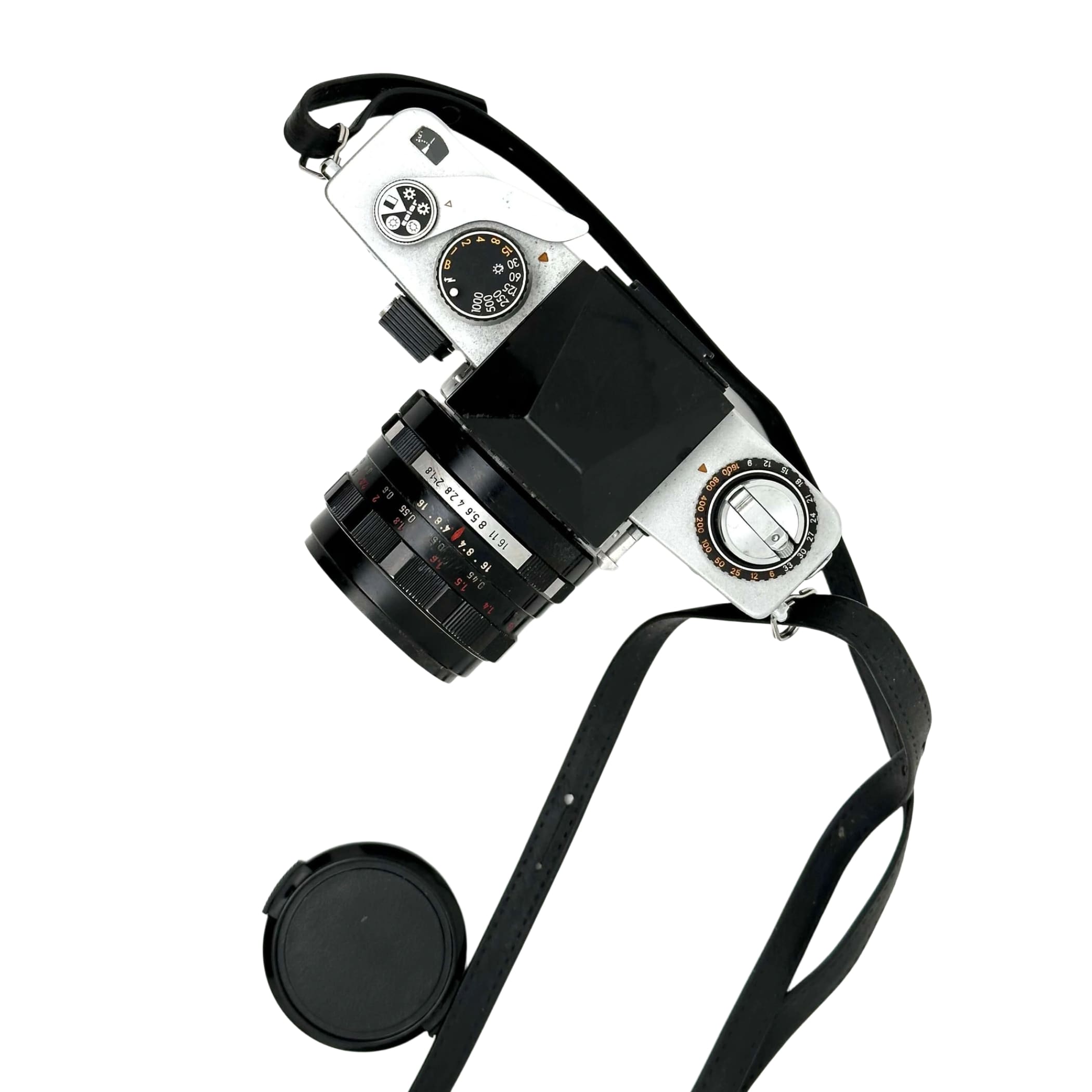 Silver-bodied film camera with a black lens and matching strap, featuring classic dials and controls.