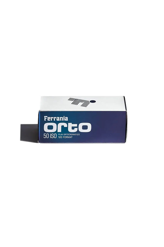 Ferrania Orto 50 ISO 120 format film in blue and white packaging on a white background