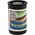 A black cylindrical roll of flic film aurora 400 film, labeled with vibrant green and orange aurora imagery.