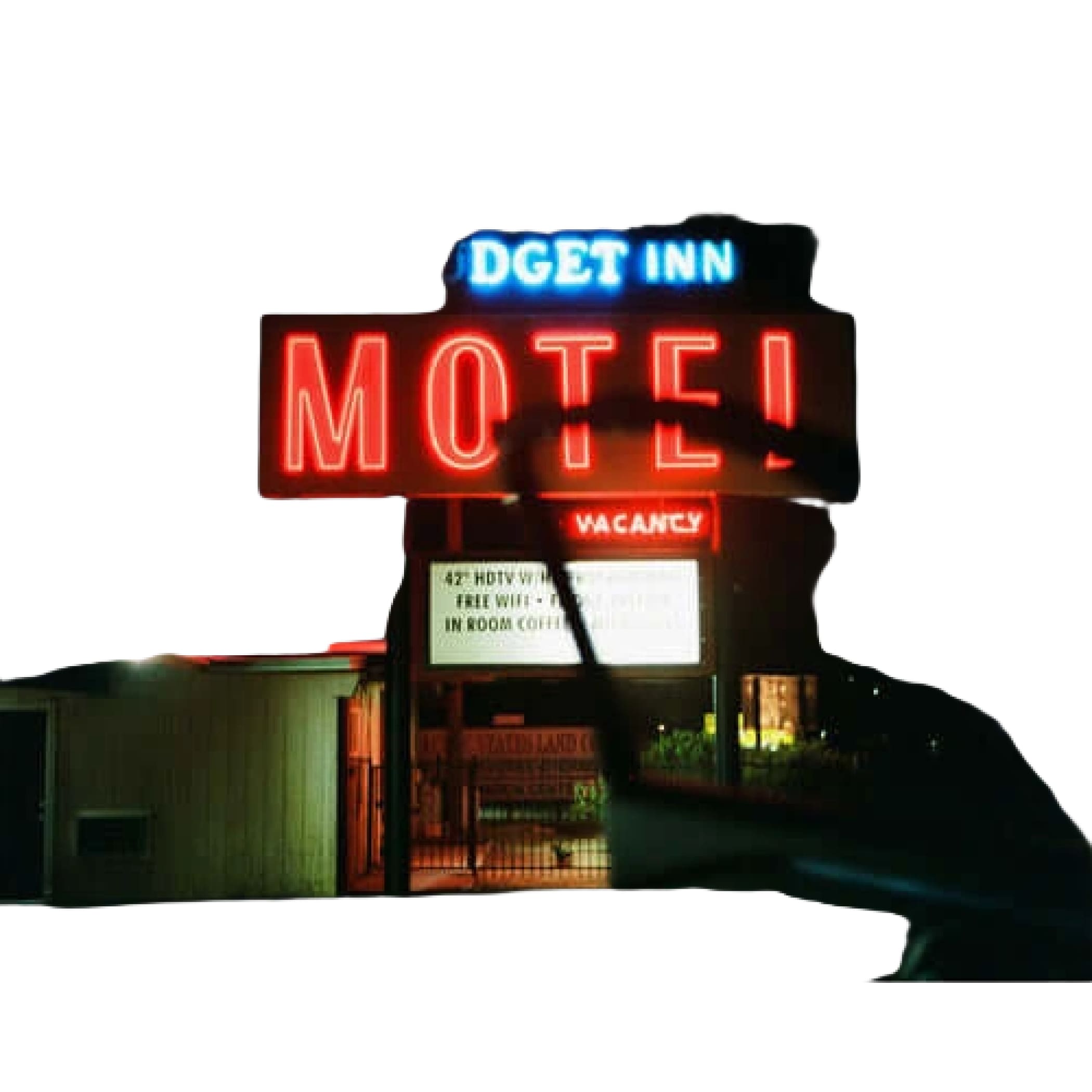 The glowing red neon sign for the dget inn motel, with a smaller blue ’dget inn’ above and a yellow ’vacancy’ below.