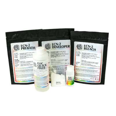 Flic Film ECN-2 500ml Developing Kit for motion picture film processing, includes developer, fixer, pre-bath, and bleach.